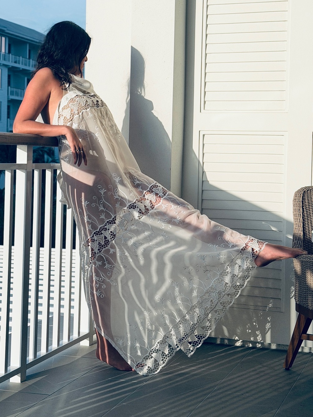 Ivory Sheer Embroidered Maxi Swim Cover-Up